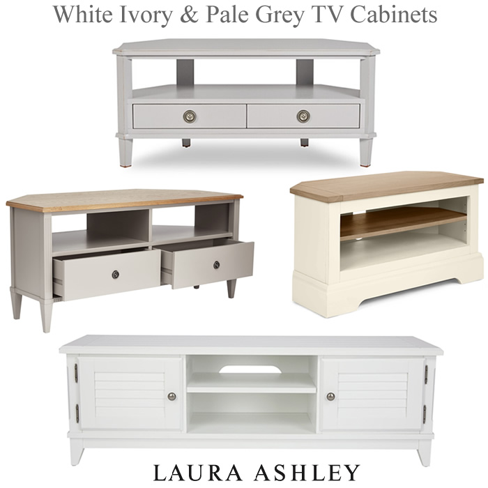 Laura Ashley white corner TV units ivory pale grey media cabinets